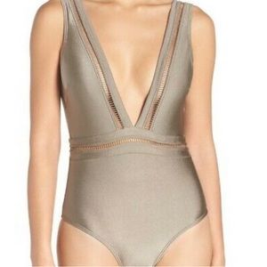 TED BAKER Starza Pointelle Deep V Swimsuit KhakI